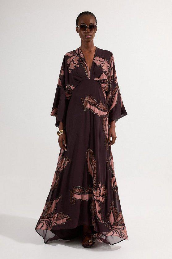 Karen Millen UK SALE Drama Kimono Sleeve Printed And Beaded Woven Maxi Dress