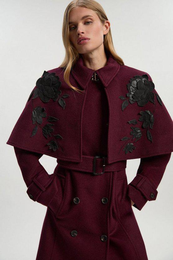 Karen Millen UK SALE Brushed Wool Pu Mix Placed Floral Embroidery Applique Tailored Cape Full Skirted Midi Coat - burgundy