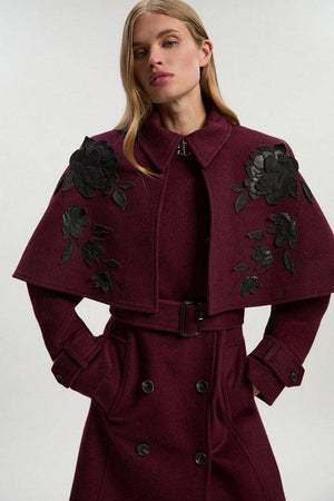 Karen Millen UK SALE Brushed Wool Pu Mix Placed Floral Embroidery Applique Tailored Cape Full Skirted Midi Coat - burgundy