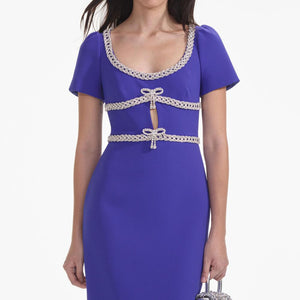 SELF PORTRAIT SS24 Blue Diamante Bow Trim Midi Dress