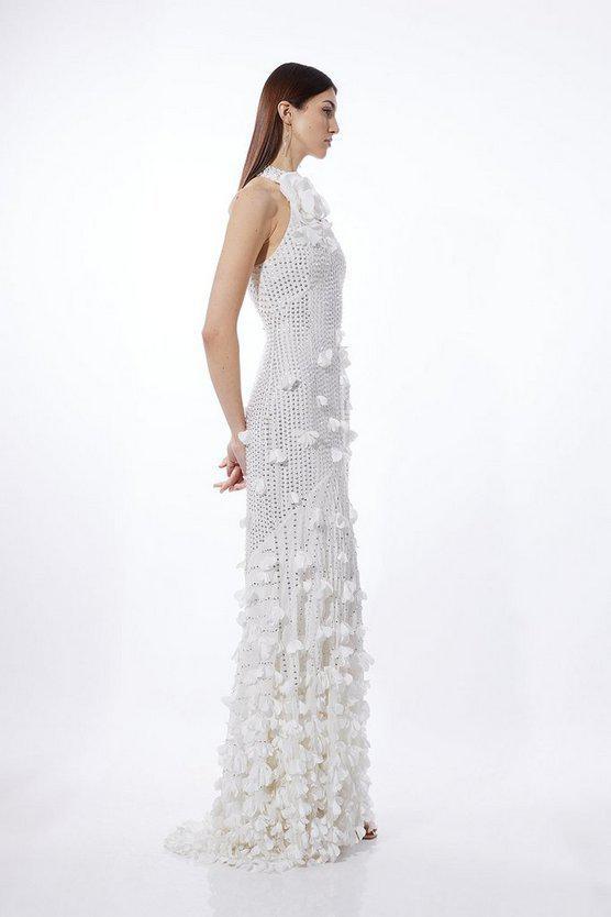 Karen Millen UK SALE Floral Applique Crystal Embellished Woven Maxi Rosette Maxi Dress - ivory