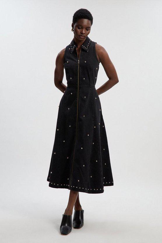 Karen Millen UK SALE Denim Studded Sleeveless Midi Dress