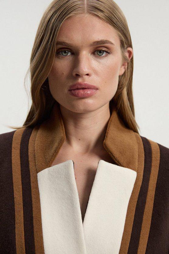 Karen Millen UK SALE Brushed Wool Colour Block Tailored Belted Midi Coat