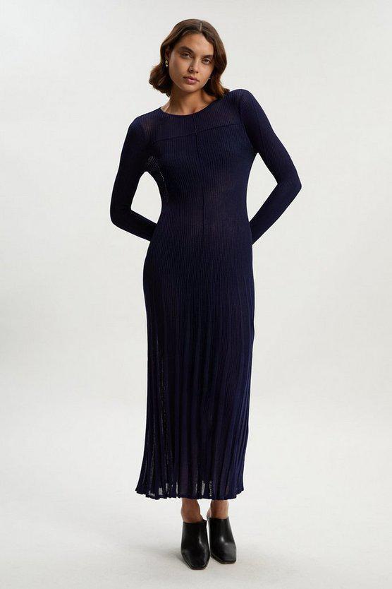 Karen Millen UK SALE Drapey Sheer Rib Knitted Midi Dress - navy