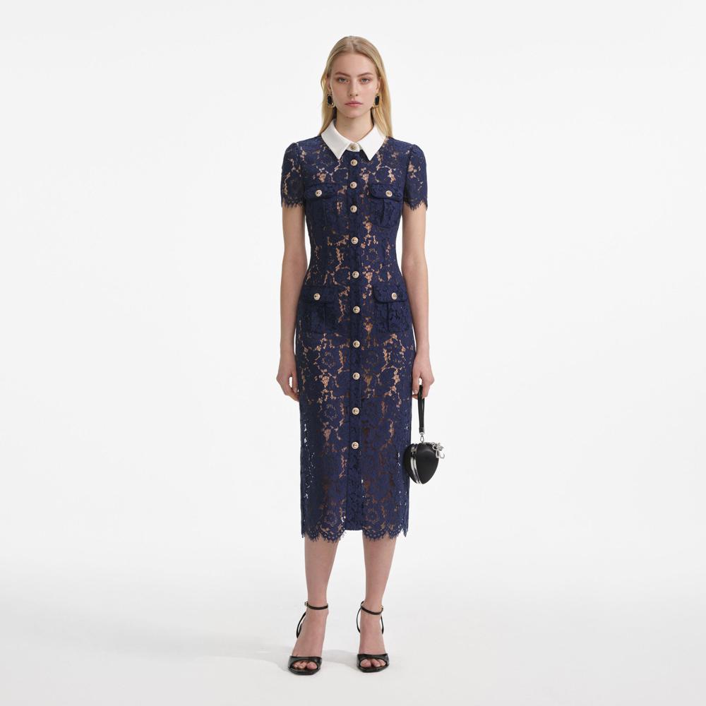 SP VIP PRICE Navy Lace Contrast Collar Midi Dress