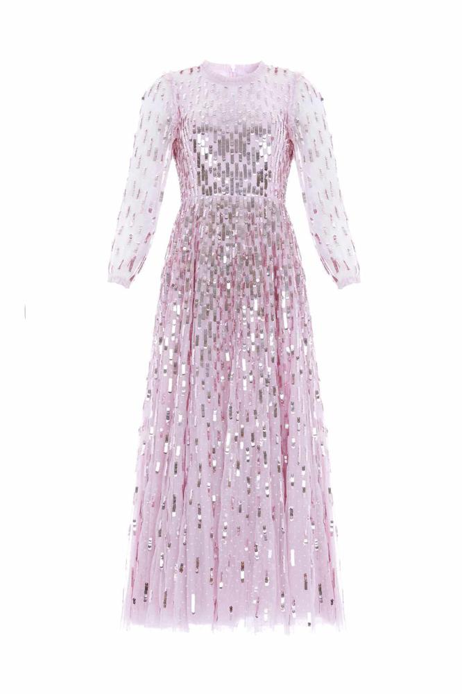 Needle & Thread CYBER SALE Sequin Dash Long Sleeve Ankle Gown - pink