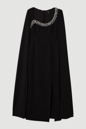 Karen Millen UK SALE Crystal Embellished Viscose Crepe Woven Cape Midi Dress