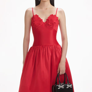 SELF PORTRAIT SS24 Red Taffeta Midi Dress