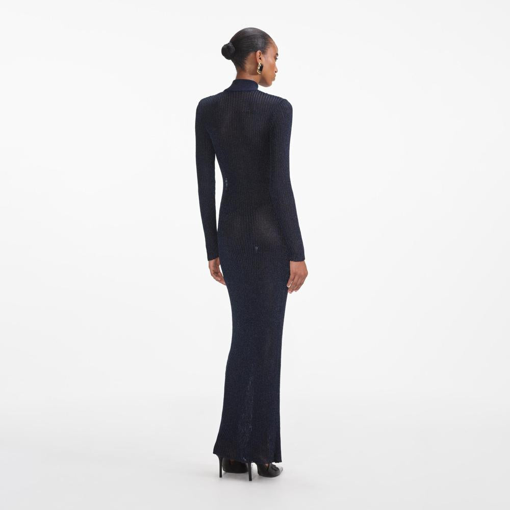 SELF PORTRAIT SS24 Navy Lurex Knit Maxi Dress