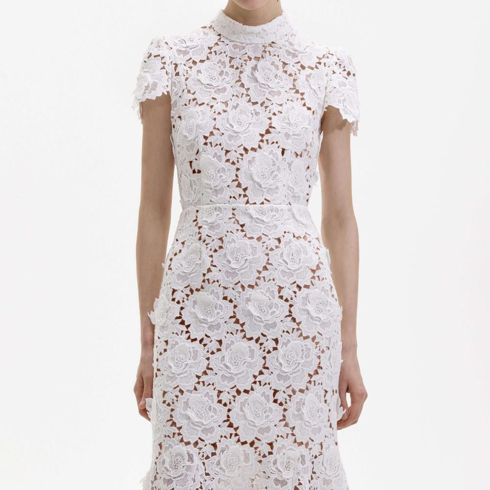 SELF PORTRAIT SS24 White Flower Lace Midi Dress