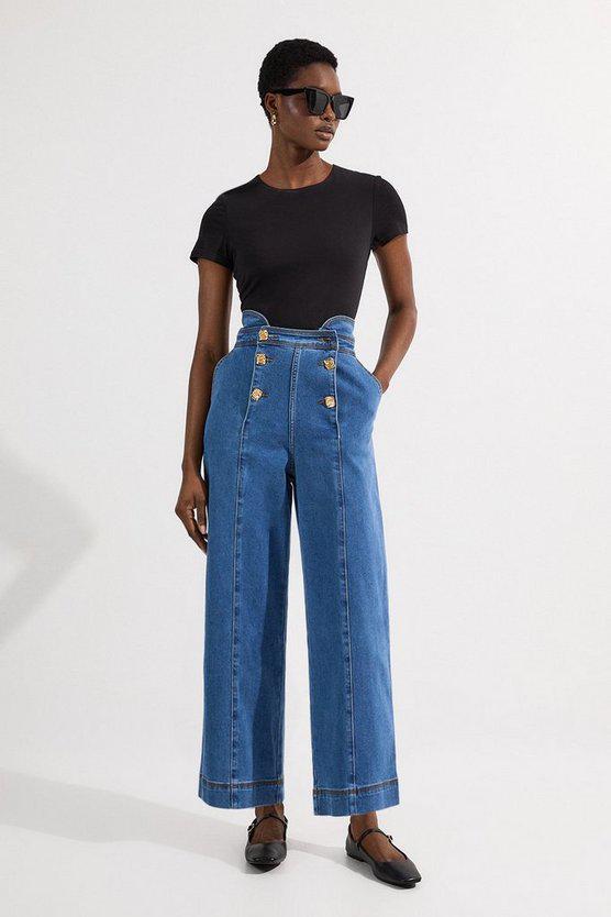 Karen Millen UK SALE Denim Button Front Culottes Trousers - mid blue