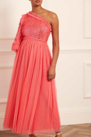 Needle & Thread SPRING/SUMMER Shimmer Wave Bodice One-Shoulder Ankle Gown - pink