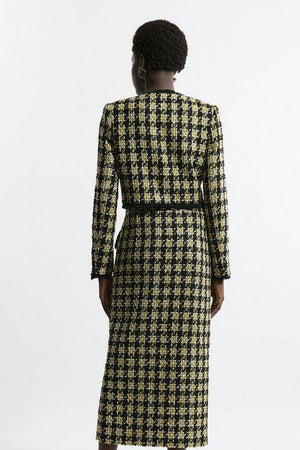 Karen Millen UK SALE Wool Mix Boucle Check Tailored Maxi Skirt