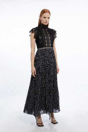 Karen Millen UK SALE Guipure Lace Dot Pleated Skirt Midi Dress - mono