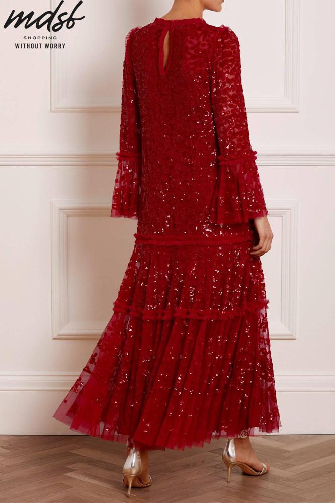 Needle & Thread CHRISTMAS SALE Annie Sequin Tiered Ankle Gown - red