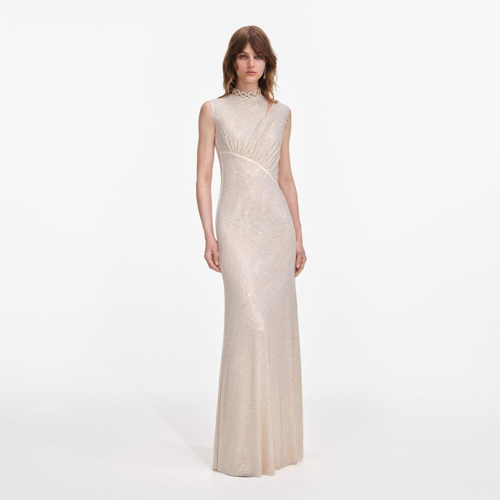 SP VIP PRICE Champagne Rhinestone Cut Out Maxi Dress