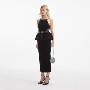 SELF PORTRAIT SS24 Black Velvet Peplum Midi Dress