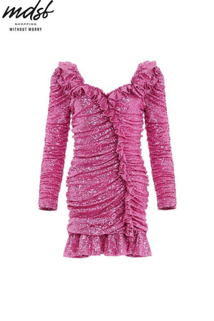 Needle & Thread CHRISTMAS SALE Sunbeam Rouched Long Sleeve Micro Mini Dress - pink