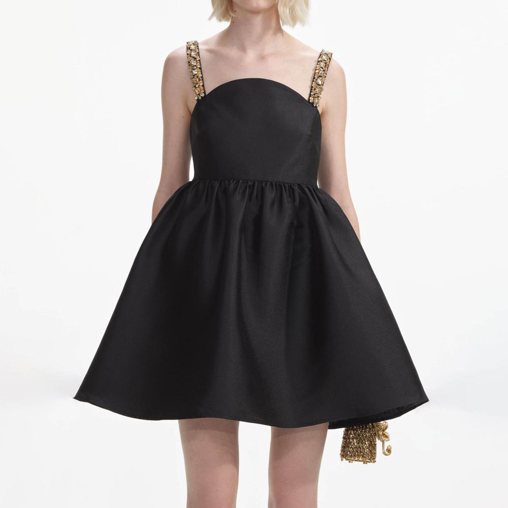 SELF PORTRAIT SS24 Black Taffeta Embellished Mini Dress