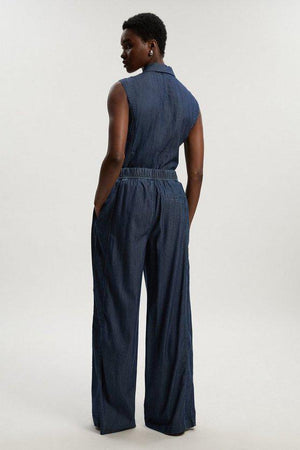 Karen Millen UK SALE Chambray Stretch Denim Wide Leg Trouser - dark blue