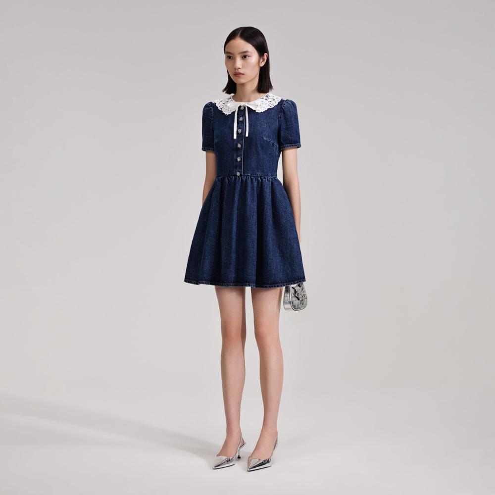 SELF PORTRAIT BLACK FRIDAY SALE Lace Collar Denim Mini Dress