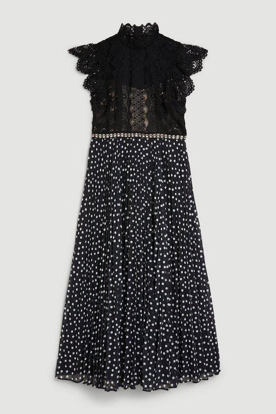 Karen Millen UK SALE Guipure Lace Dot Pleated Skirt Midi Dress - mono