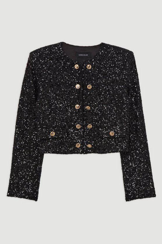 Karen Millen UK SALE Tailored Sequin Cropped Blazer - black