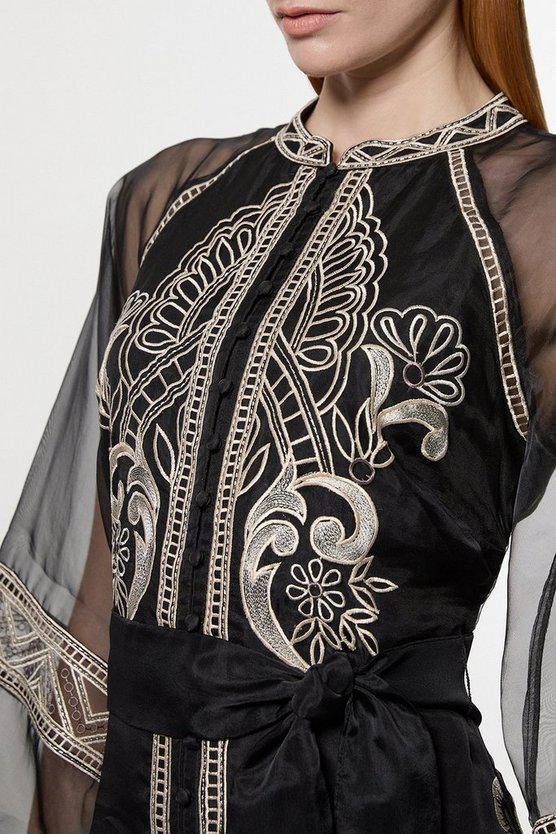 Karen Millen UK SALE Embroidered Organdie Balloon Sleeve Woven Maxi Dress - black