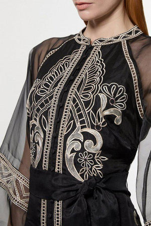 Karen Millen UK SALE Embroidered Organdie Balloon Sleeve Woven Maxi Dress - black