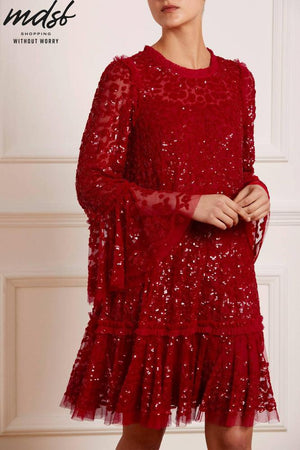 Needle & Thread CHRISTMAS SALE Annie Sequin Tiered Mini Dress - red