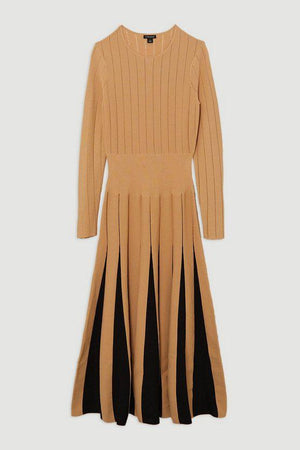 Karen Millen UK SALE Pointelle Colour Block Full Skirted Viscose Blend Knit Dress