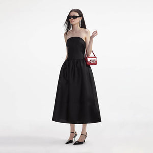 SELF PORTRAIT SS24 Black Taffeta Midi Dress