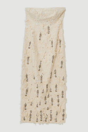 Karen Millen UK SALE Crystal Embellished Textured Jacquard Bandeau Tailored Midaxi Dress - cream