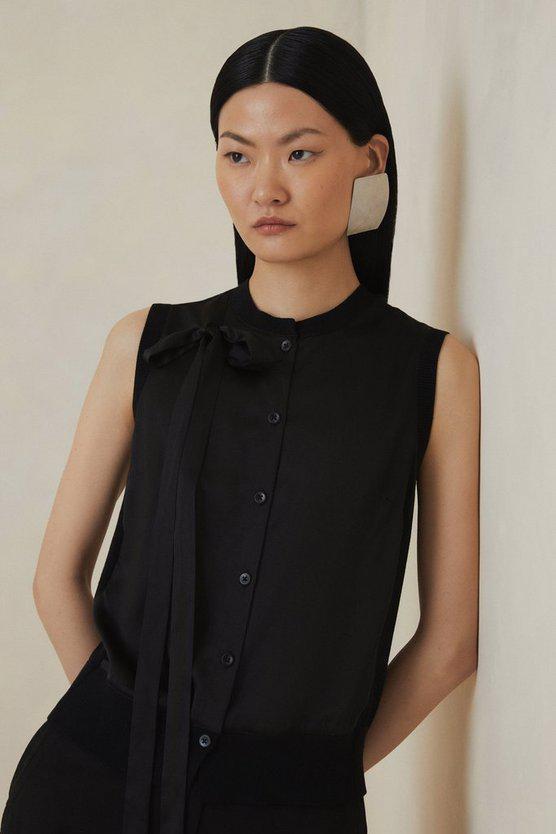 Karen Millen UK SALE The Founder Linen Blend Satin Bow Detail Knit Vest - black