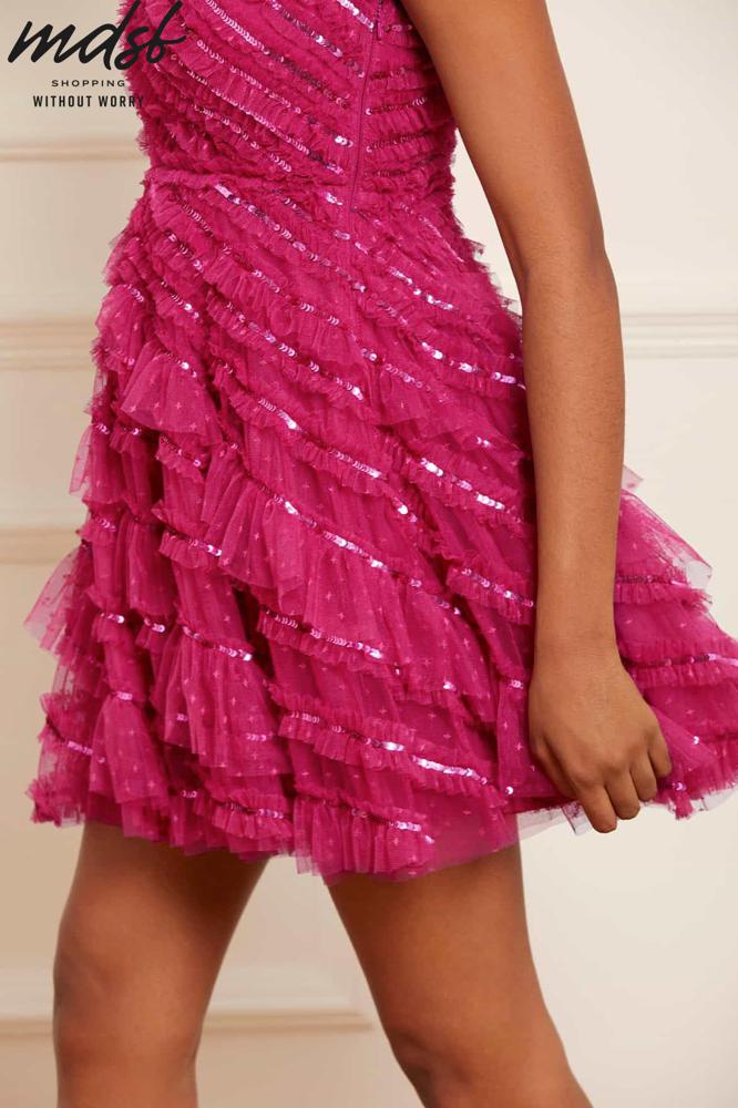 Needle & Thread CHRISTMAS SALE Spiral Sequin One-Shoulder Micro Mini Dress - pink