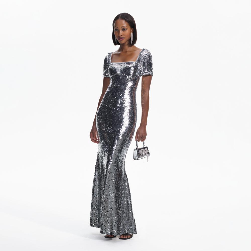 SELF PORTRAIT BLACK FRIDAY SALE Silver Sequin Maxi Dress