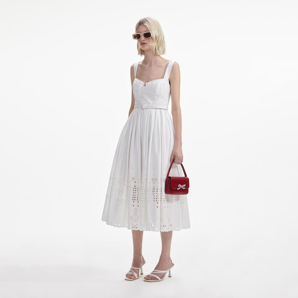 SELF PORTRAIT SS24 White Cotton Broderie Midi Dress