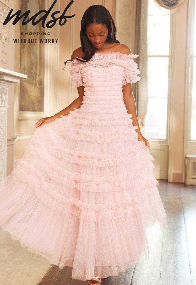 Needle & Thread CHRISTMAS SALE Lisette Ruffle Off Shoulder Gown - pink