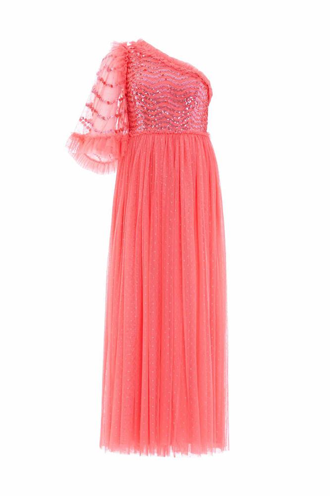 Needle & Thread SPRING/SUMMER Shimmer Wave Bodice One-Shoulder Ankle Gown - pink