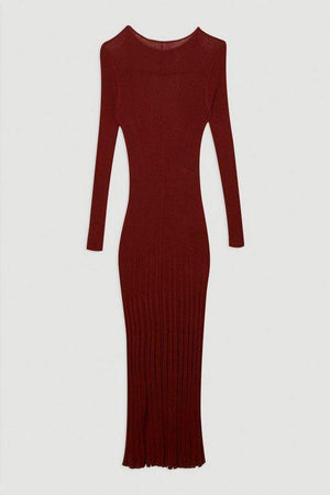 Karen Millen UK SALE Drapey Sheer Rib Knitted Midi Dress - rust