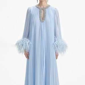 SELF PORTRAIT SS24 Blue Chiffon Feather Midi Dress