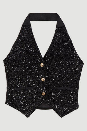 Karen Millen UK SALE Sequin Halter Neck Waistcoat - black