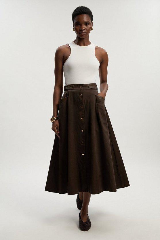 Karen Millen UK SALE Cotton & Faux Leather Tab Full Maxi Skirt - chocolate