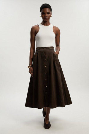 Karen Millen UK SALE Cotton & Faux Leather Tab Full Maxi Skirt - chocolate