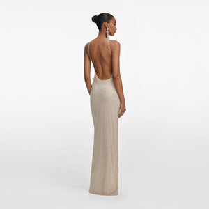 SP VIP PRICE Champagne Rhinestone Lace Trim Maxi Dress