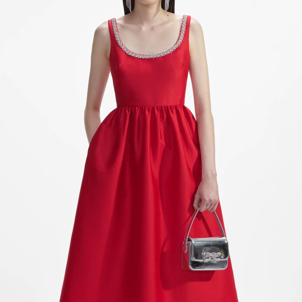 SELF PORTRAIT SS24 Red Taffeta Diamante Midi Dress