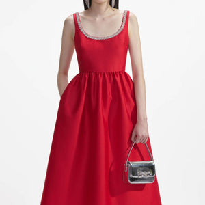 SELF PORTRAIT SS24 Red Taffeta Diamante Midi Dress