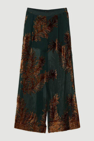 Karen Millen UK SALE Feather Devore Woven Wide Leg Trousers - forest