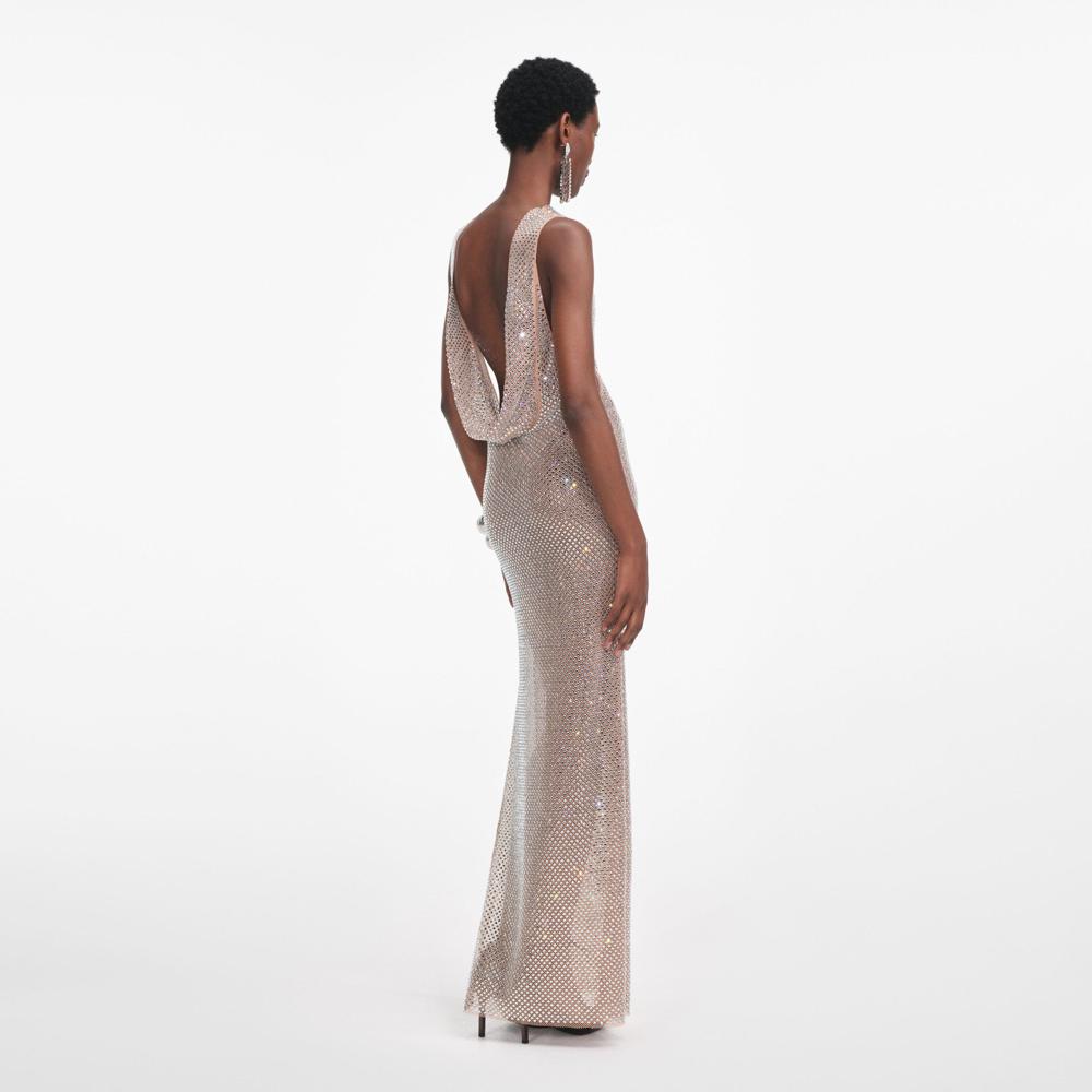 SP VIP PRICE Silver Rhinestone Drape Maxi Dress