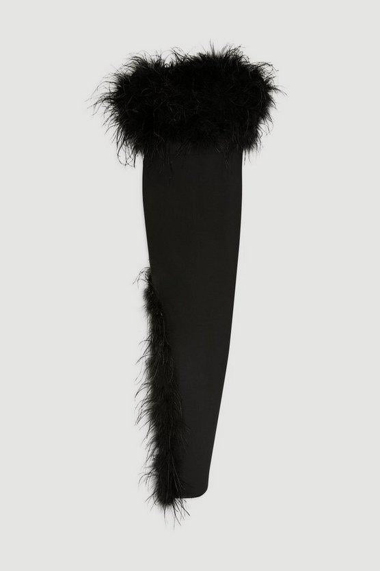 Karen Millen UK SALE Figure Form Bandage Feather Detail Bandeau Knit Midi Dress - black